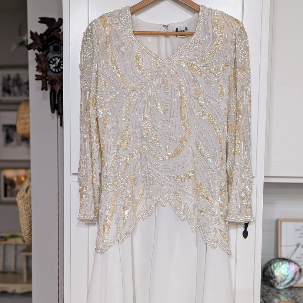 VTG Maxwell White Silk Beaded Dress Size 8 Elegant Formal Wedding Gown Cream